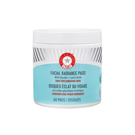 First Aid Beauty - Facial Radiance Pads with Glycolic & Lactic Acids, Daily Exfoliating Pads with AHA that Help Tone & Brighten Skin, One-Step Makeup Prep, Compostable for Daily Use, 60 ct