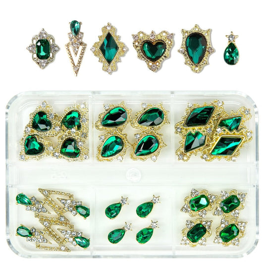 24pcs 6 Styles Emerald Green Nail Charms Big Luxury Nail Rhinestones Heart Gems Crystals Diamonds Jewelry Jewels Stones Nail Art Studs for Arylic Nails DIY Crafts Clothes Shoe Phones Cardmaking