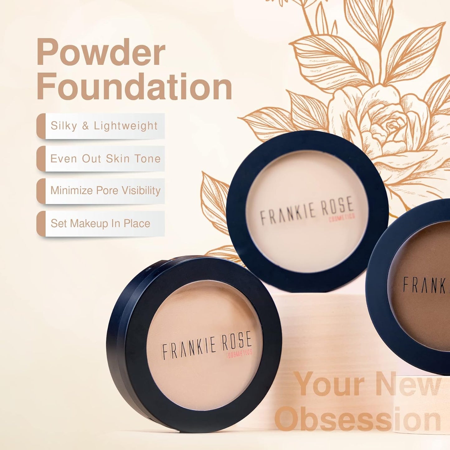 Frankie Rose Cosmetics Powder Foundation – Full Coverage Face Powder For Pores & Imperfections, Evens Out Skin Tone & Shine-Control | 58 Grams (Tan)