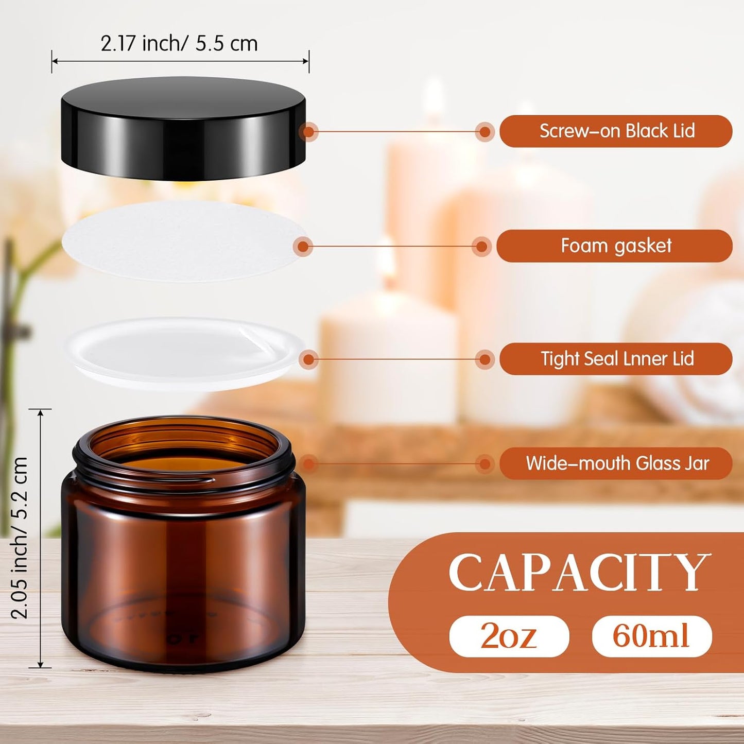 Domensi 32 Pcs 2 oz Glass Jars with Lids Travel Size Round Leakproof Empty Cosmetic Jars with Inner Liners Lid for Storing Makeup Lotions Face Cream Ointments Candle DIY Making (Amber)