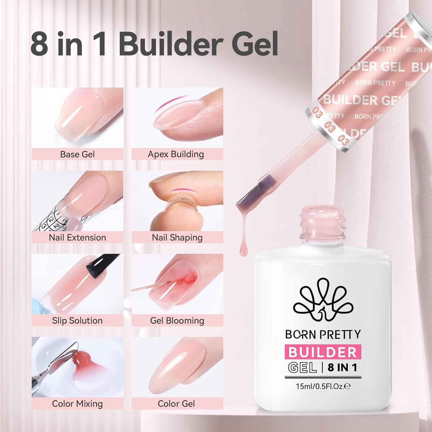 BORN PRETTY Builder Gel for Nails, 8-in-1 Extension Gel Strengthener Gel Hard Builder Nail Gel Base Top Gel, Pink Gel Builder Rhinestone Nail Glue Gel in A Bottle Nails 15ML