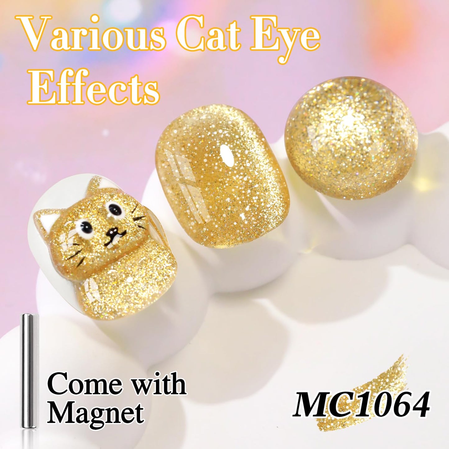Double Rhythm Cat Eye Gel Polish with Magnet 15ML Holographic Glitter Shimmer Translucent Sheer Color Glass Magnetic Gel Polish Salon DIY at Home (Light Gold-MC1064)