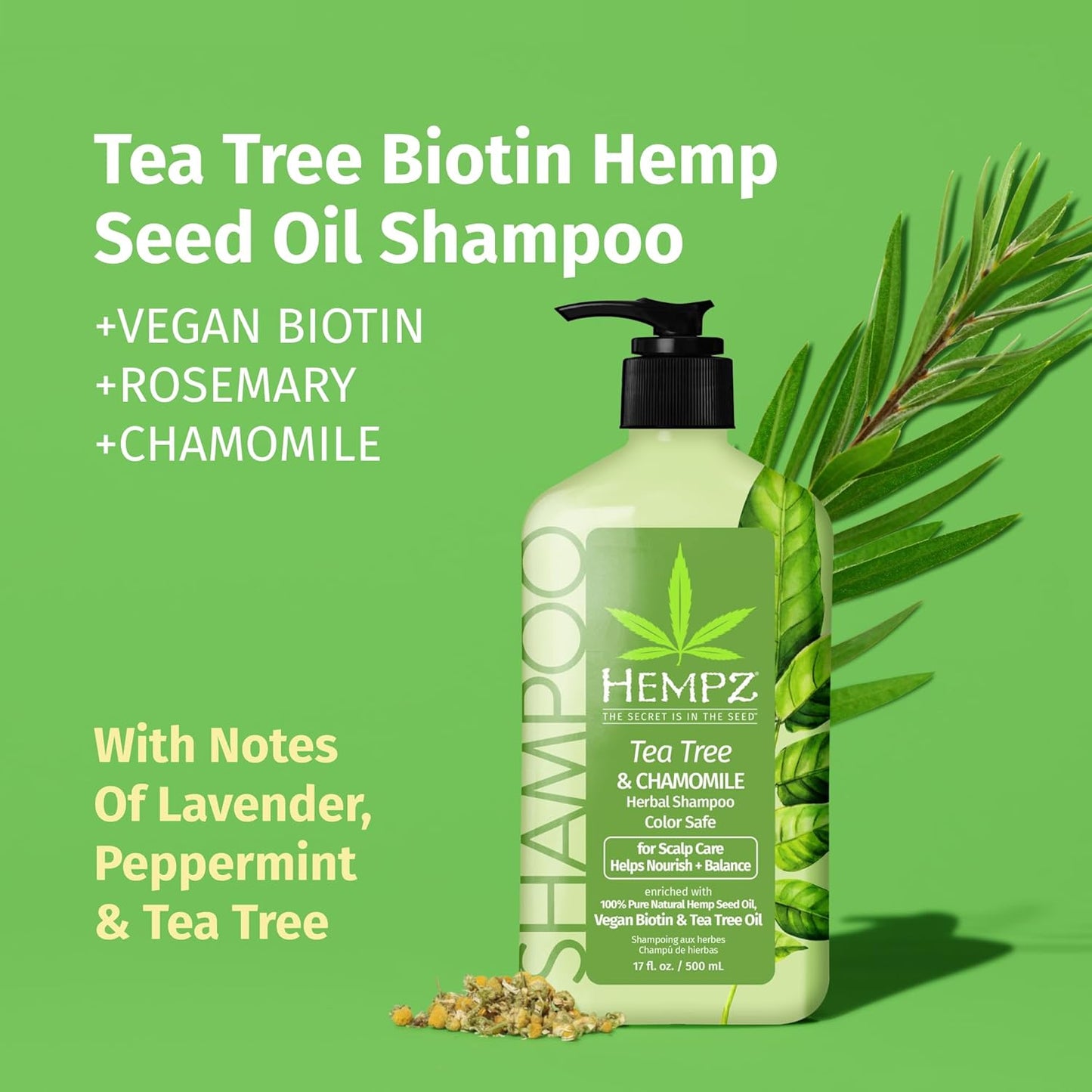 Hempz Biotin Hair Shampoo - Tea Tree & Chamomile - For Scalp Care Hair Growth & Strengthening of Dry, Damaged and Color Treated Hair, Hydrating, Softening, Moisturizing - 17 Fl OZ