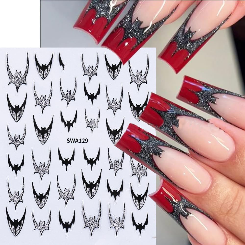 6 Sheets Halloween Nail Art Stickers 3D Self -Adhesive Bat Nail Decals Holographic Hot Stamping Gold Silver Bat Nail Stickers Halloween French Nail Decoration for Women Manicure Supplies