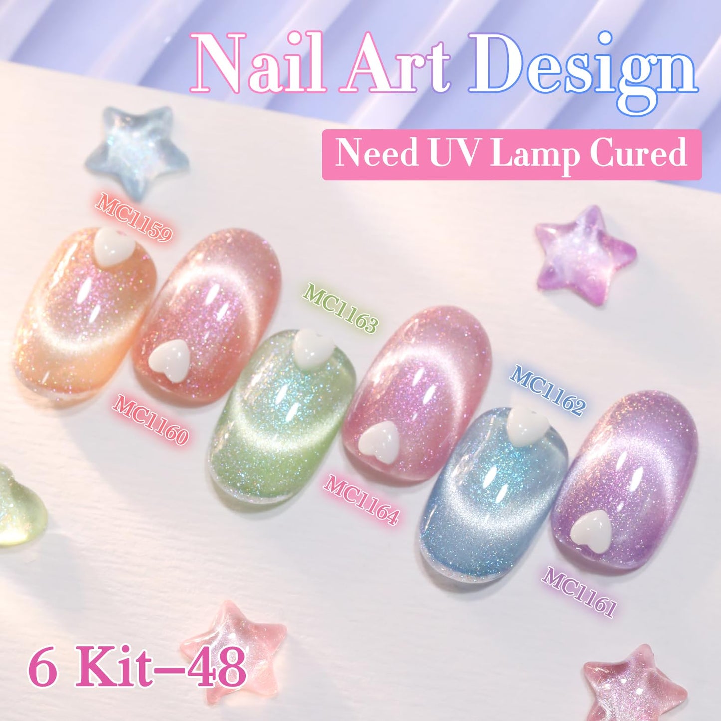 Double Rhythm 6 Colors Cat Eye Gel Polish Set Shimmer Glitter with Magnet Holographic Reflective Magnetic UV Nail Art Kit (6-Kit-48)