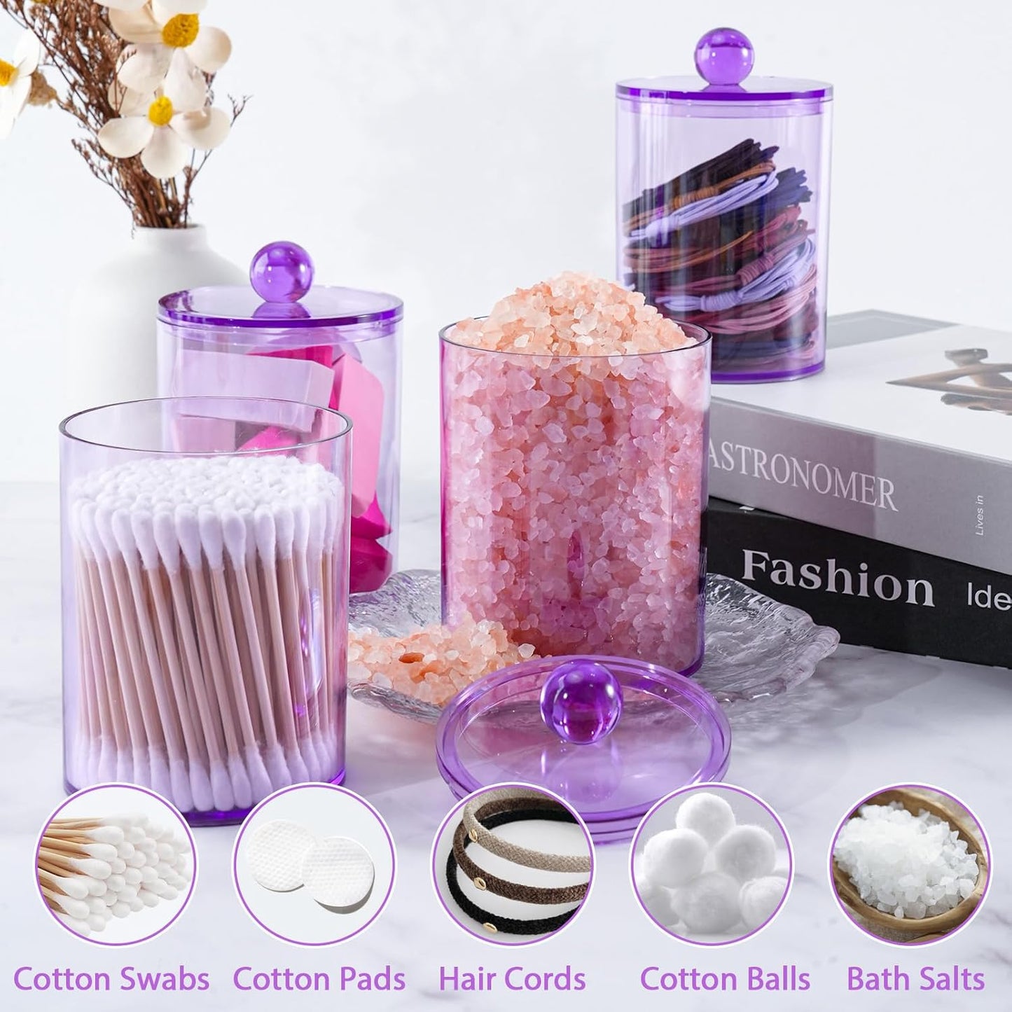 6 Pack Qtip Holder,Canister Apothecary Jar Set, Bathroom Jars with Lids Set for Cotton Swabs, Balls, Pads, Floss Picks,10oz-12oz Plastic Canisters Restroom Bedroom Vanity Organizer(Purple)