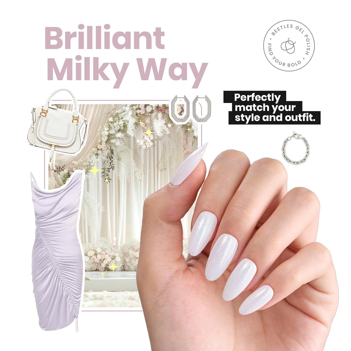 beetles Nail Polish Glitter Nail Lacquer Shimmer-Like Top Coat Fast Drying & Long Lasting Brilliant Milky Way, No UV Lamp Needed for DIY Nail Art Salon at Home Gifts for Women