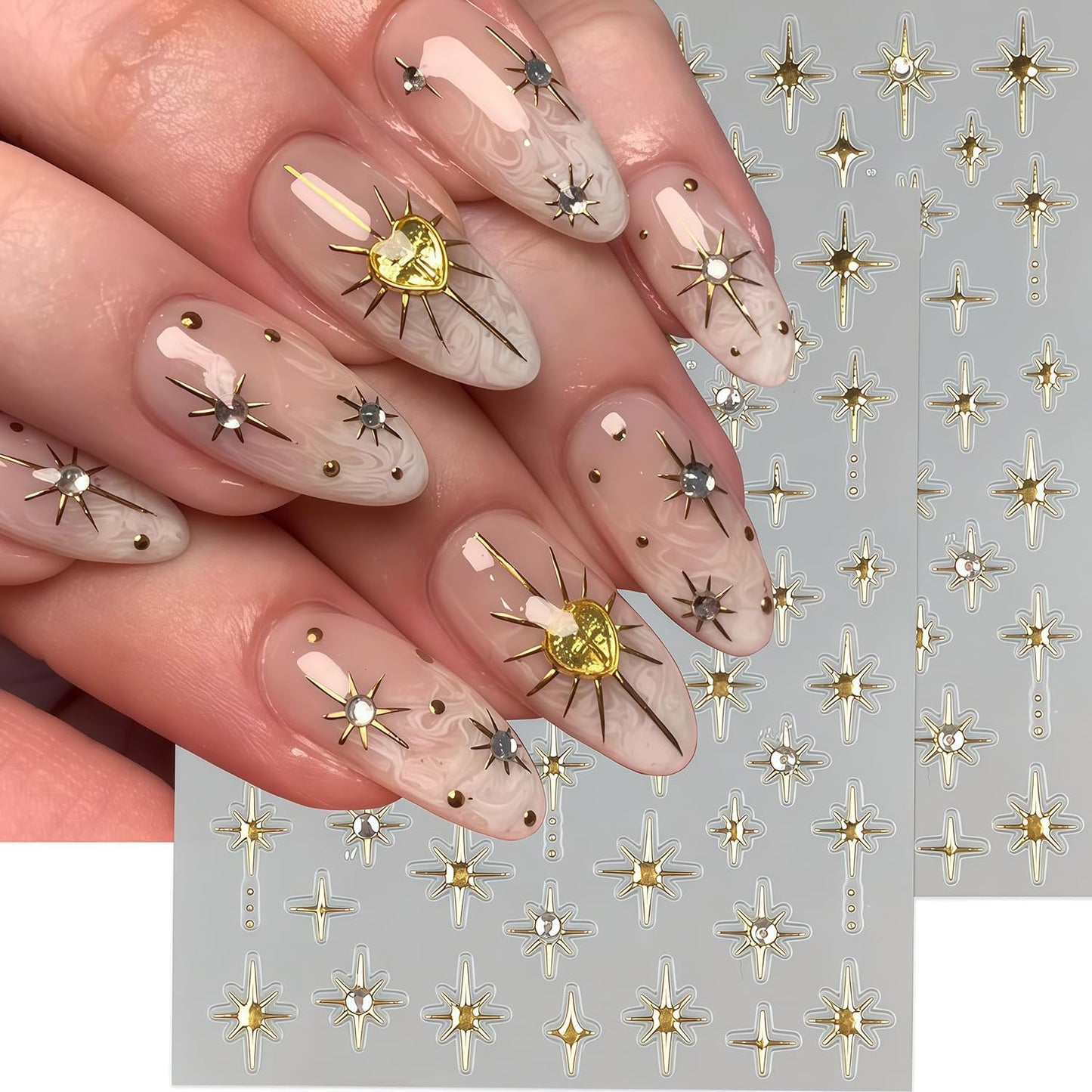 6 Sheets Star Nail Stickers for Nail Art, Shiny Crystal Diamond Stars Heart Silver Gold Self-Adhesive Nail Art Stickers Decals Design Everyday Salon Nail Art DIY Decoration Supplies for Women