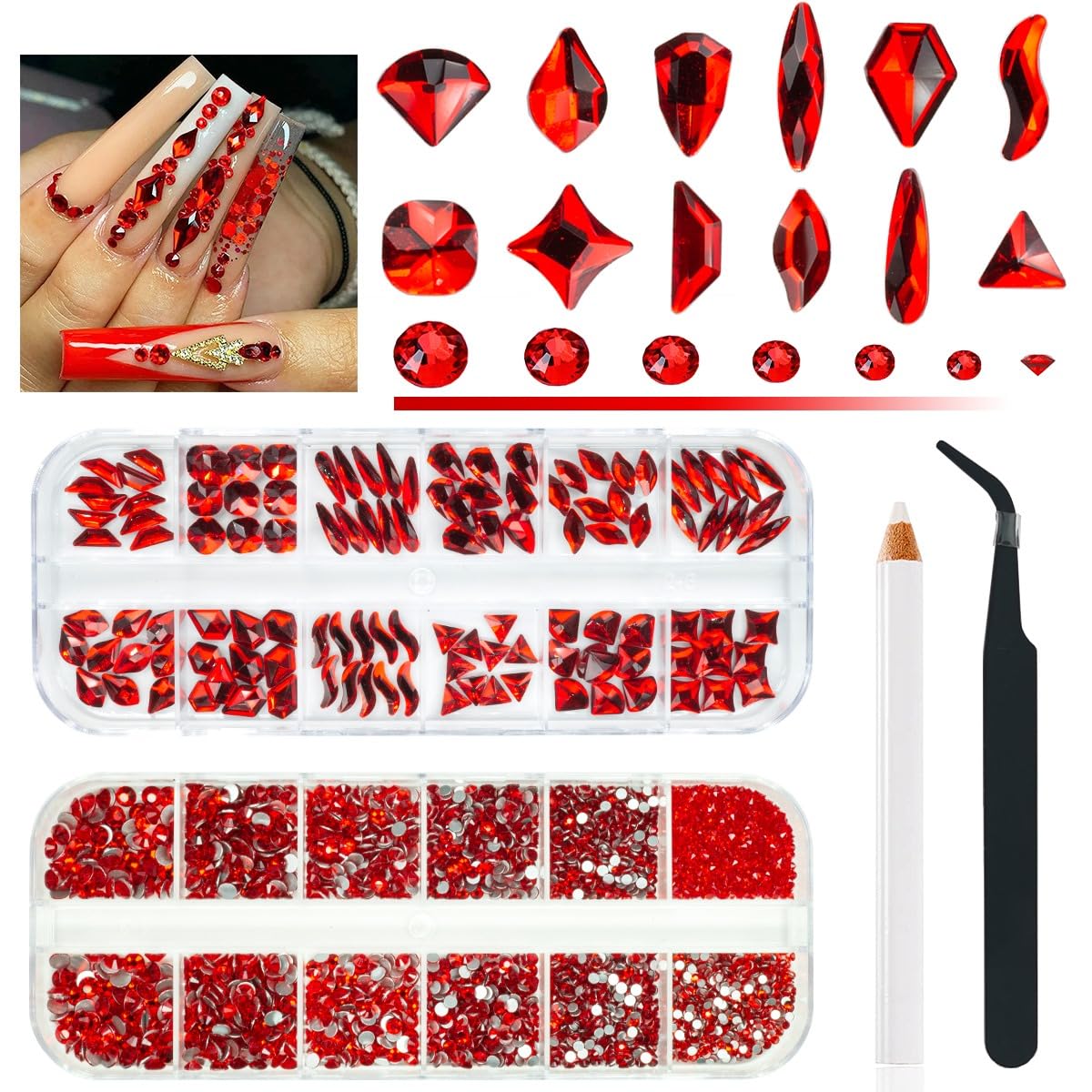 4080Pcs Red Nail Rhinestones Multi Shapes Ruby Rhinestones for Nails 1.5-4mm Crystal Gems Siam Red Round Flatback Beads Glass Stones Diamonds jewels Charms for Nails Face Eyes Makeup DIY Crafts