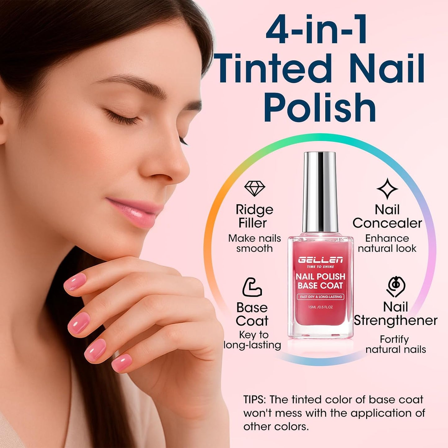 Gellen 4‑in‑1 Clear Nail Polish Base Coat Sheer Tinted Red, Ridge Filler, Nail Strengthener & Concealer, Calcium Formula Strengthens Nails, Natural Color Enhances Natural Look, No HEMA, Anti-yellowing