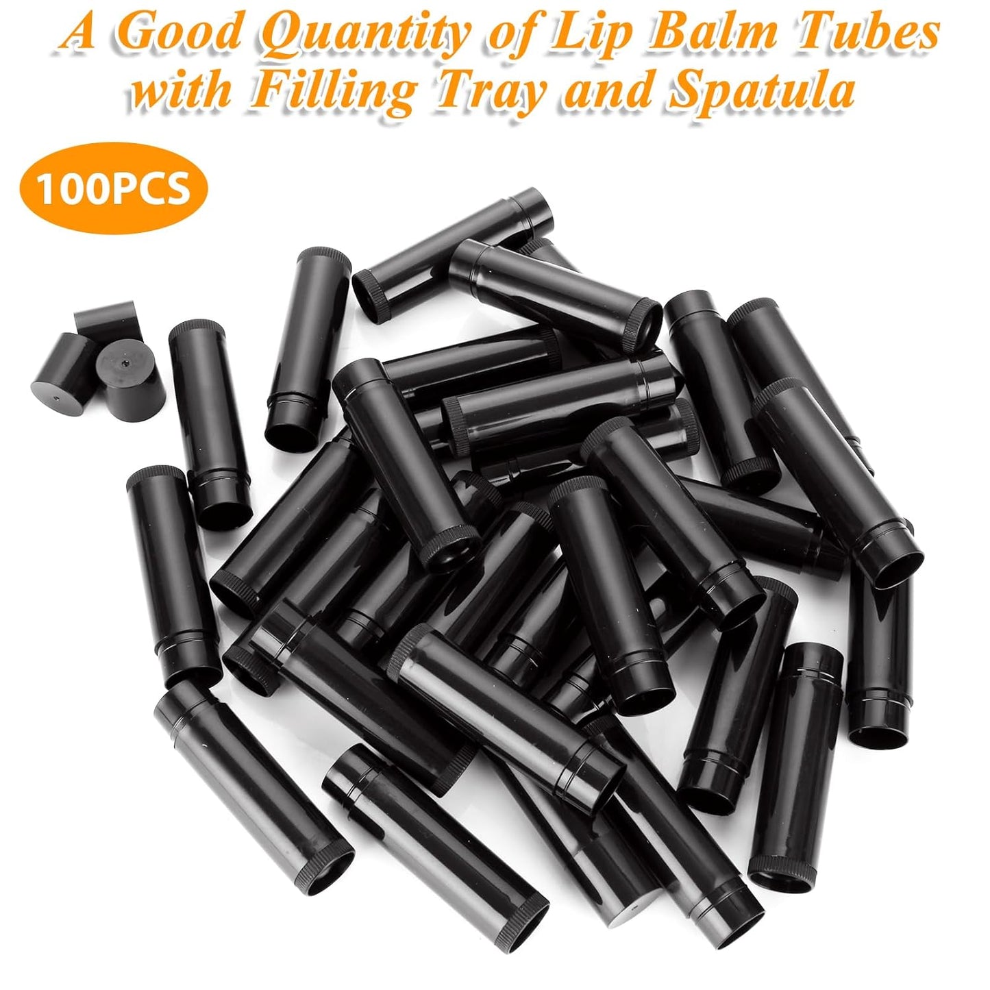 100Pack Plastic Lip Balm Tubes 5ml/5g Black Lip Balm Containers, Chapstick Tubes Empty with Filling Tray and Spatula, Rotating Type Refill Lip with Cap for DIY