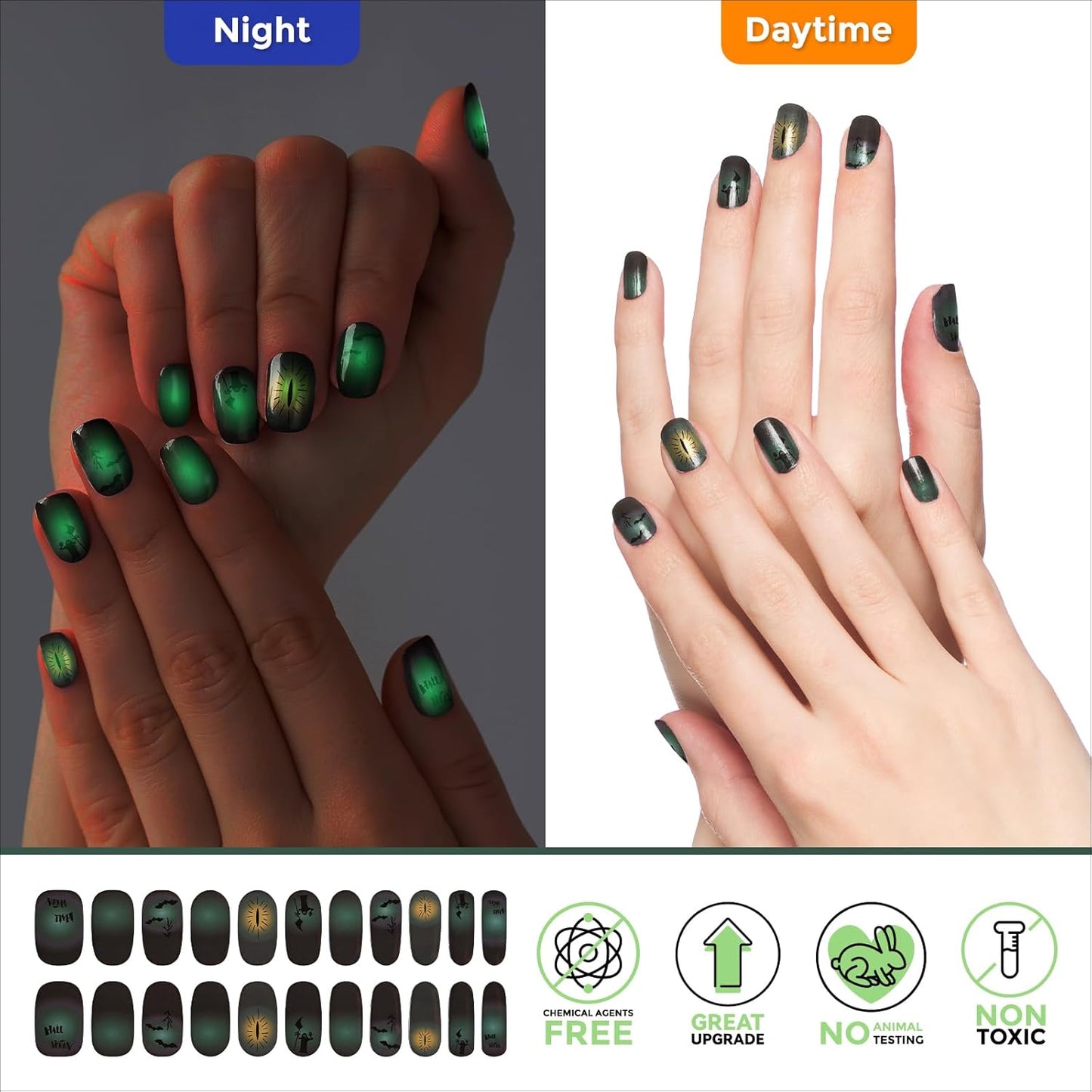 Gloss Nail Strips|Uv Free|22 Pcs,Gel Nail Stickers|Long Lasting Two Weeks and Easy to Apply&Remove|Dark Halloween