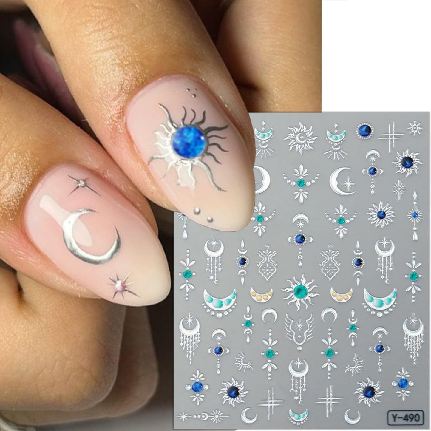 2 Sheets Celestial Nail Stickers for Nail Art Embossed Star Moon Sun Nail Art Stickers 5D Self-Adhesive Gold Silver Bohemian Style Nail Decals Moon Meteor Design Decals for Women Nail Supplies