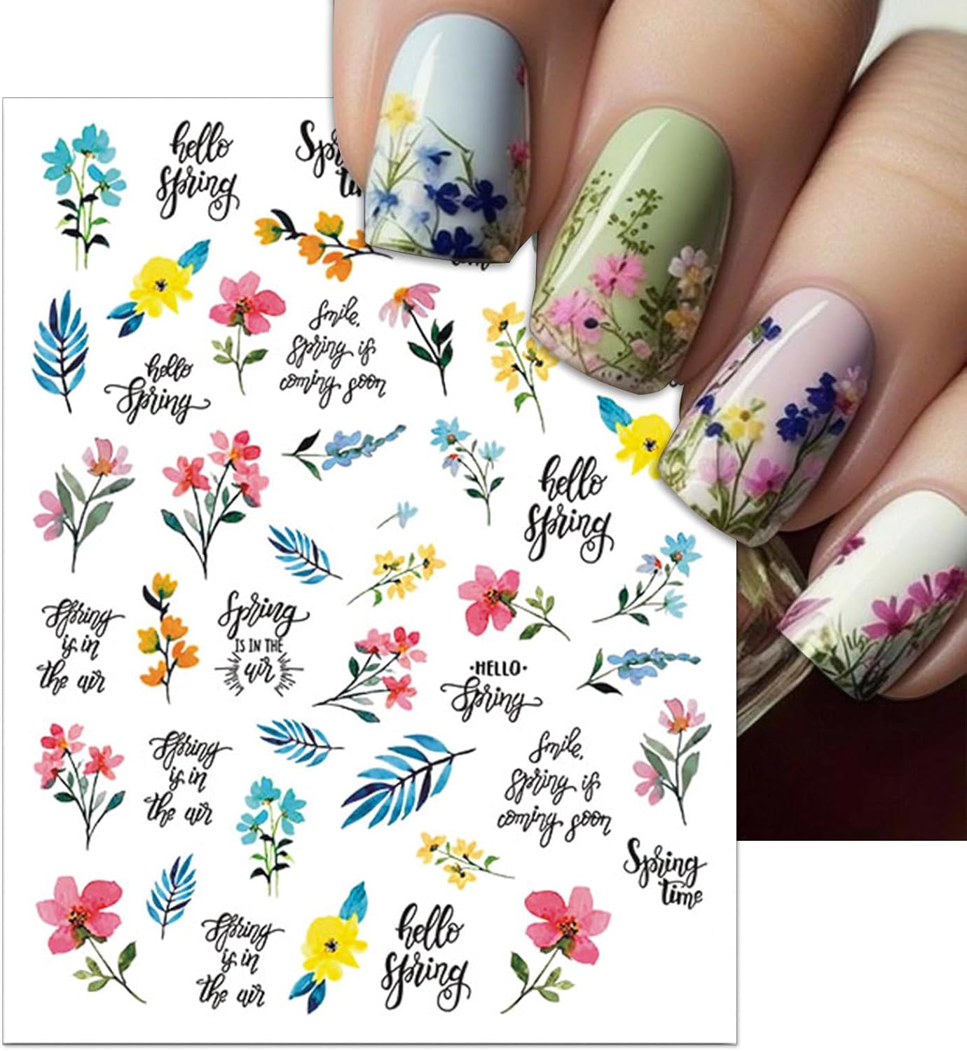 12 Sheets Flower Nail Art Stickers, Self-Adhesive Variety Colorful Floral Nail Decals, 3D Design Butterflies Dragonfly Nail Decorations for Women