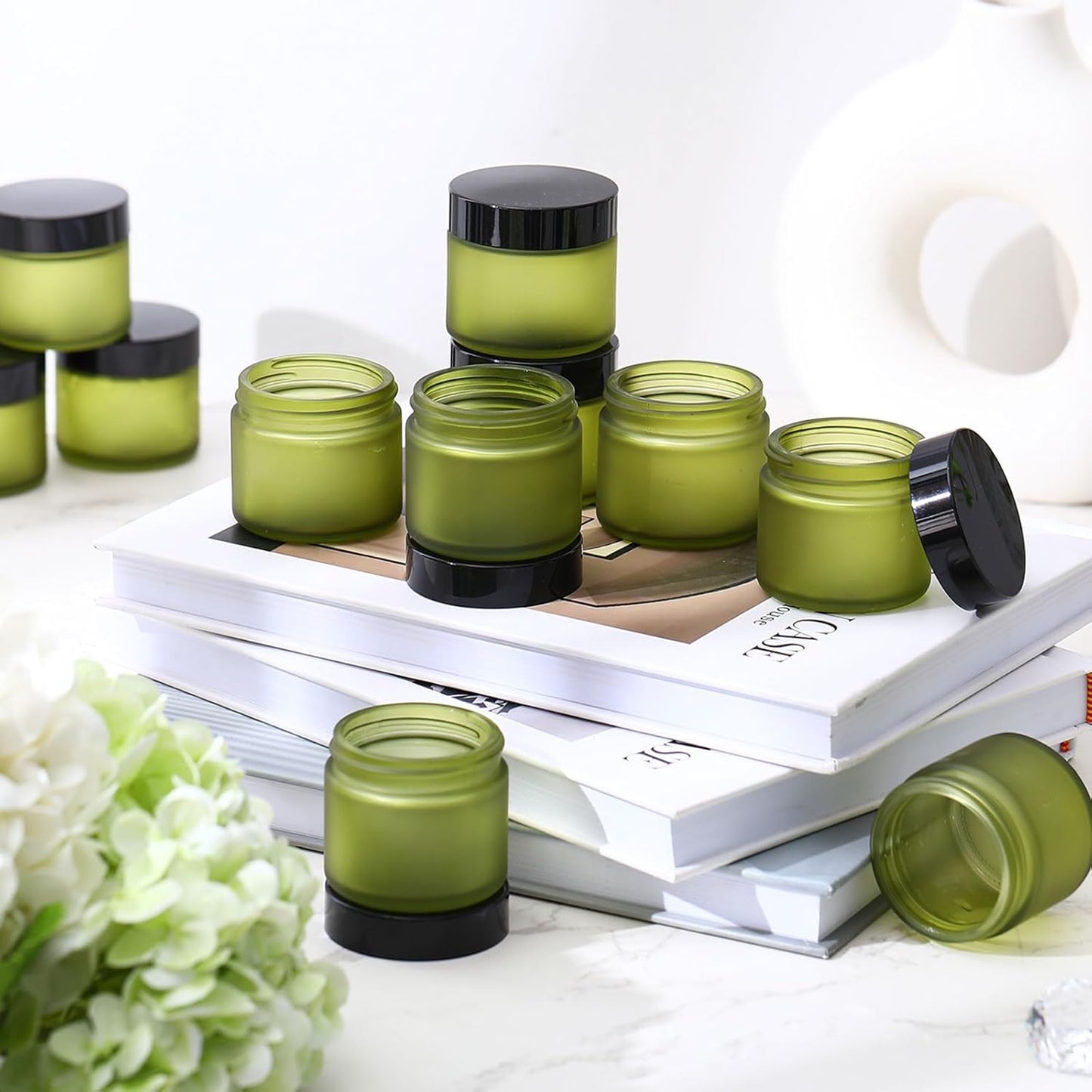 Domensi 32 Pcs 2 oz Glass Jars with Lids Travel Size Round Leakproof Empty Cosmetic Jars with Inner Liners Lid for Storing Makeup Lotions Face Cream Ointments Candle DIY Making (Pea Green)