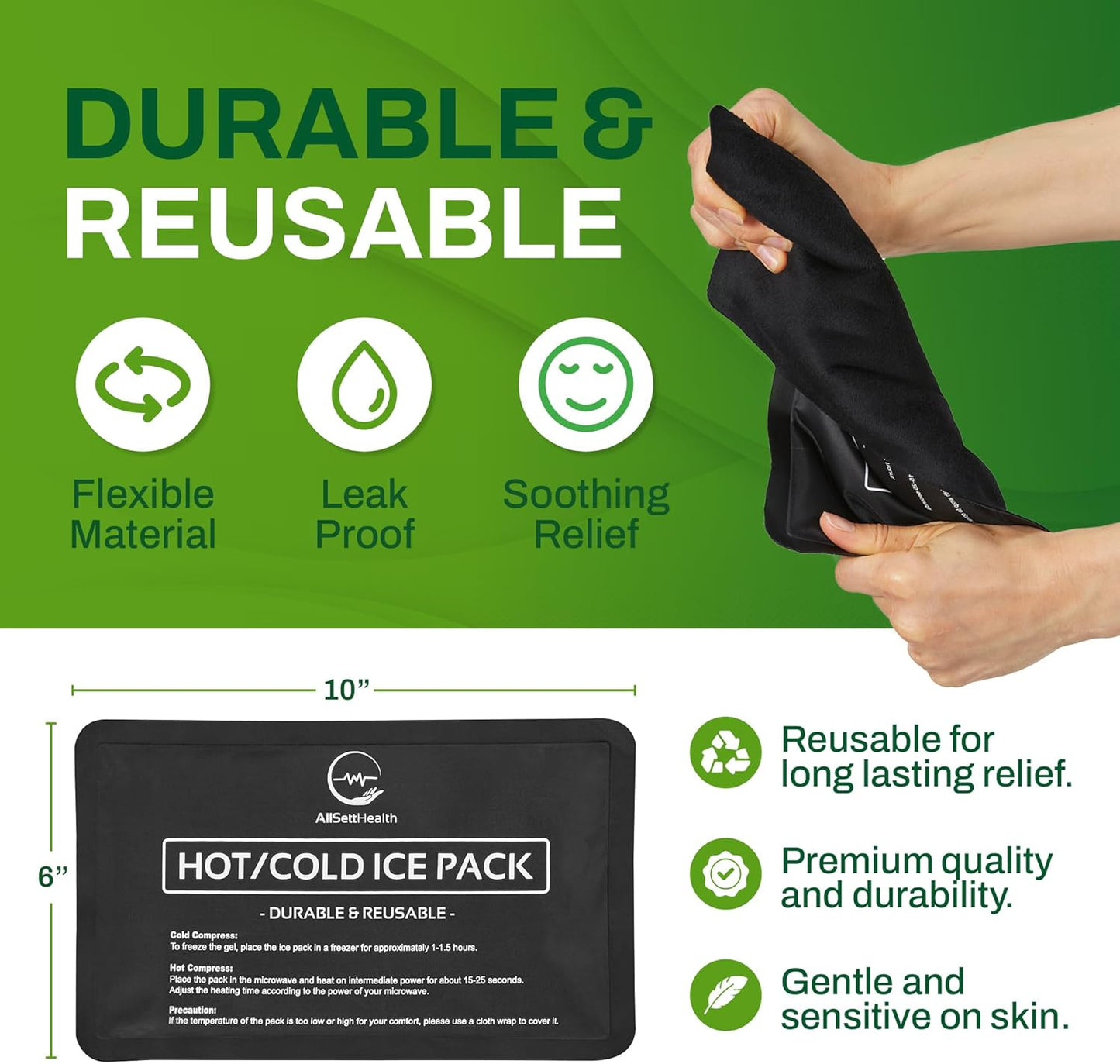 4 Pack Reusable Ice Packs for Injuries - Soft Ice Pack with Velvet Soft Fleece Fabric | Flexible Hot and Cold Gel Ice Pack Set- Cold Packs for Injuries, Knee, Back, Neck Pain - 10 x 6, Black-4Pack