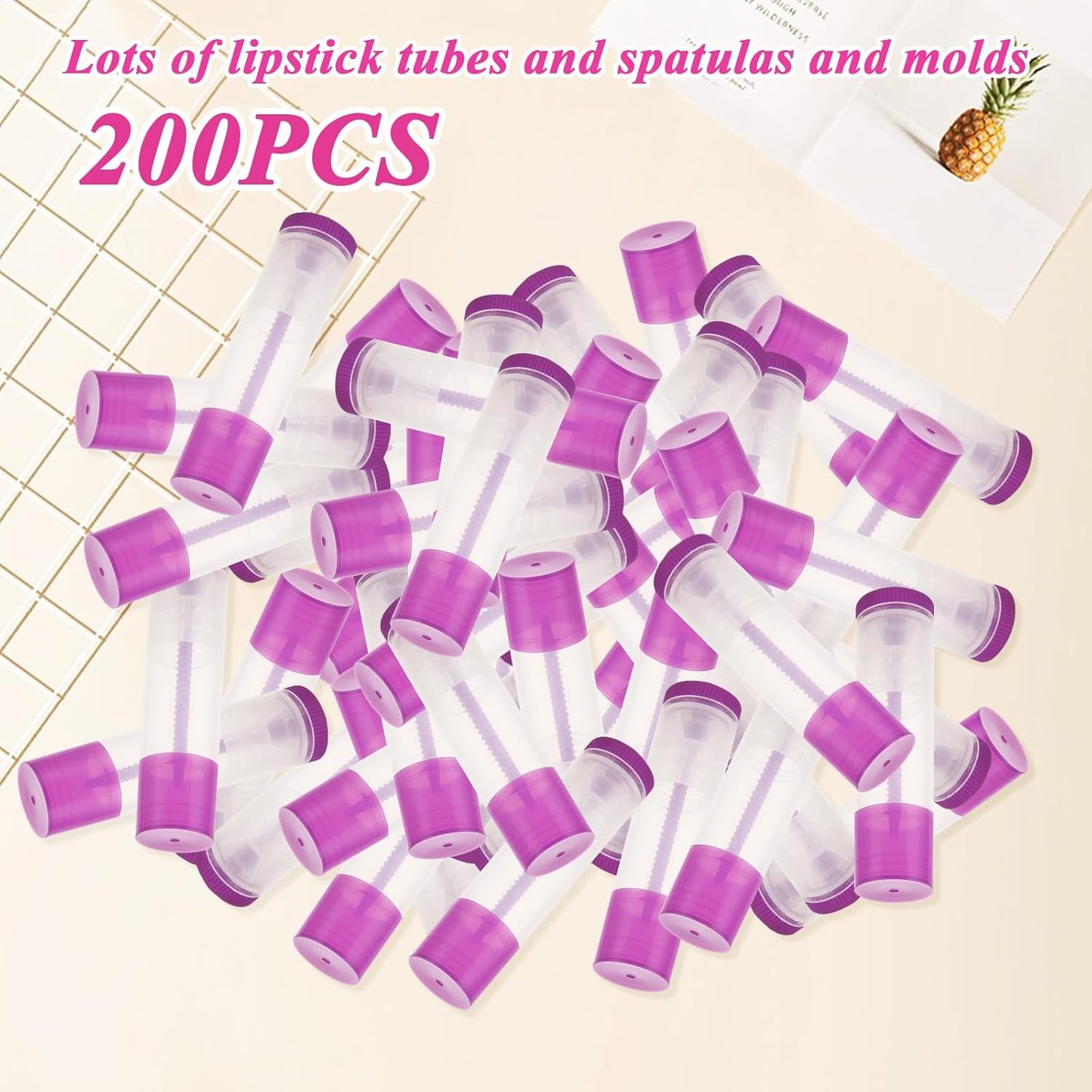200Pack Plastic Lip Balm Tubes 5ml/5g Purple Lip Balm Containers, Chapstick Tubes Empty with Filling Tray and Spatula, Rotating Type Refill Lip with Cap for DIY Make Up Lip Balm