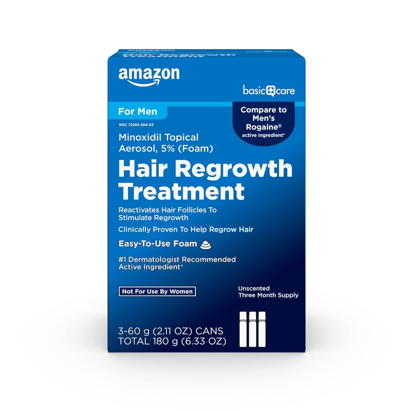 Amazon Basic Care Minoxidil Topical Aerosol, 5% Foam Hair Regrowth Treatment for Men, Unscented, 3-month Supply, 2.11 oz. (Pack of 3)