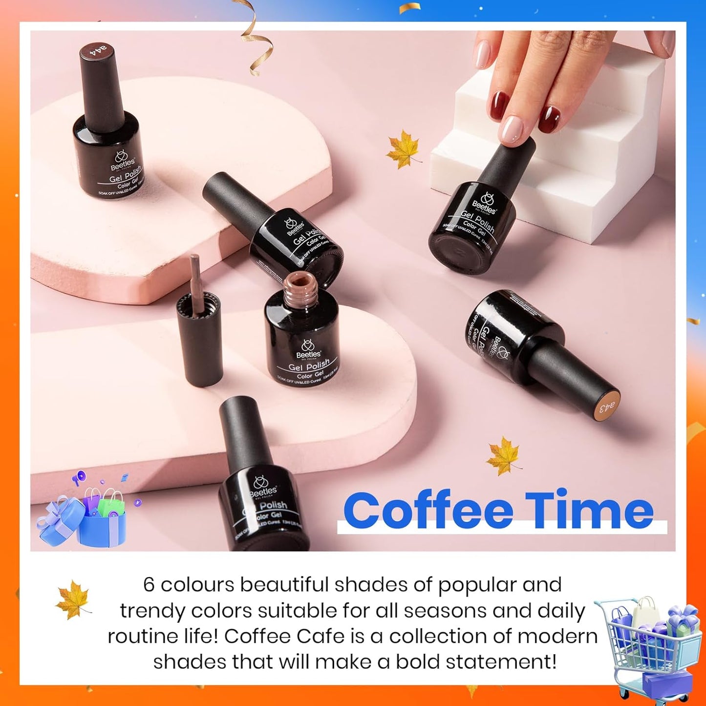 Beetles Fall Gel Nail Polish Set Brown Beige Mauve Pink Nude White Neutral 6 Colors Gel Polish Kit for Nail Art Manicure Soak Off Uv LED Nail Lamp Needed Gifts for Women Coffee Time