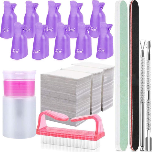 Gel Nail Polish Remover Kit, Keepzi 10Pcs Fingernail Clips, 540Pcscotton Wipes Pads, A Pump Bottle, Nail Cleanser Brush, 2Pcs Grit Nail Set and Stainless Steel Remover Scraper and Pusher - Purple