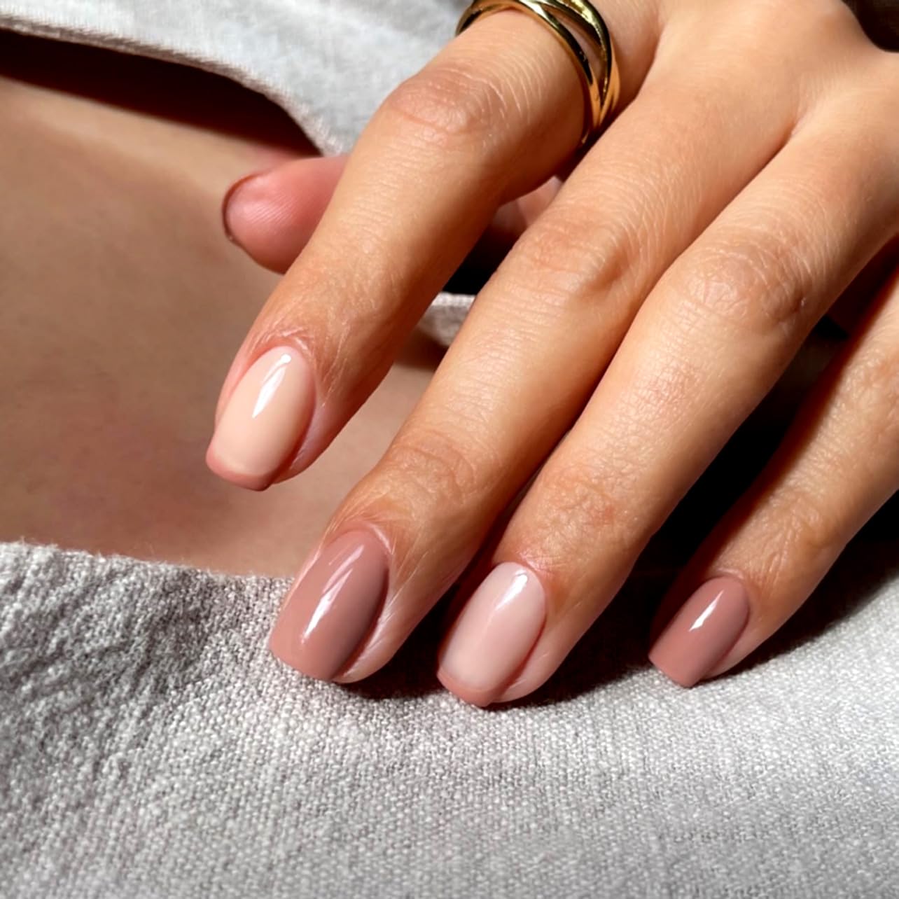 Brown French Tips Press On Nails Short, Acrylic Press On Nails Square with Nail Glue, Glossy Fake Nails Kit, Thick Natural Reusable Glue On Nails for Women, 24Pcs