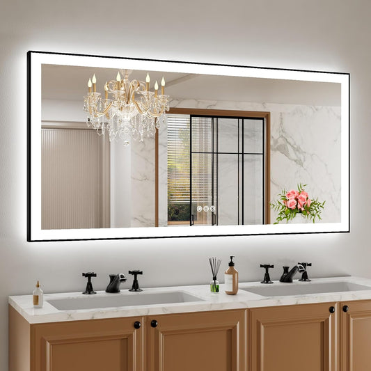 Amorho 60" X30" LED Bathroom Mirror with Black Frame, Front Light and Backlit(Controlled Separately), Stepless Dimmable, Anti-Fog, Shatter-Proof, 3 Colors, Memory