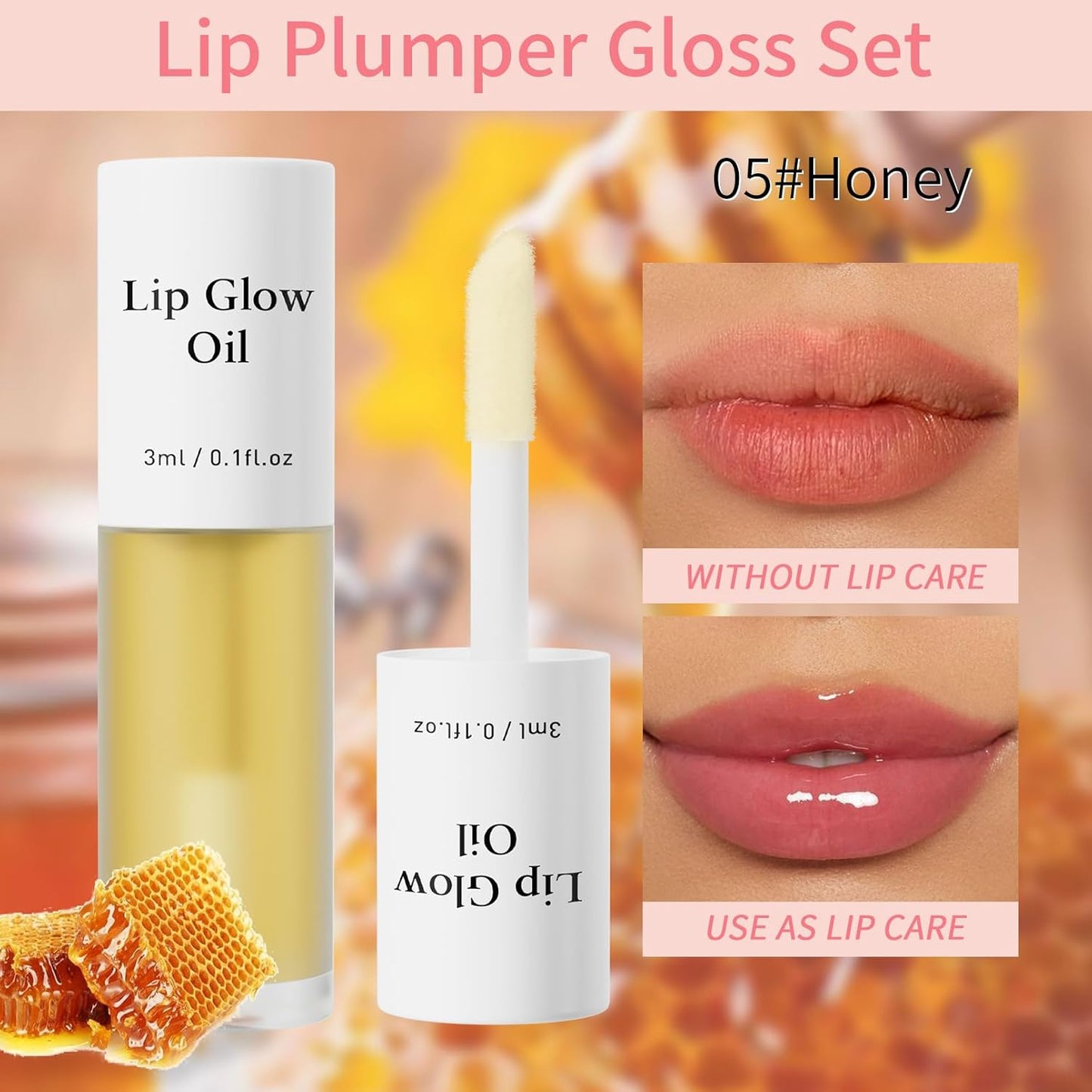 Hellokiss 3Pcs Lip Glow Oil,Moisturizing Lip Plumper Gloss,3 Fruit Flavoured Lip Balm Lip Care,Clear Plumping Lip Gloss,Non-Sticky Long Lasting Hydrating Lip Oil(Honey,Green Apple,Coconut)