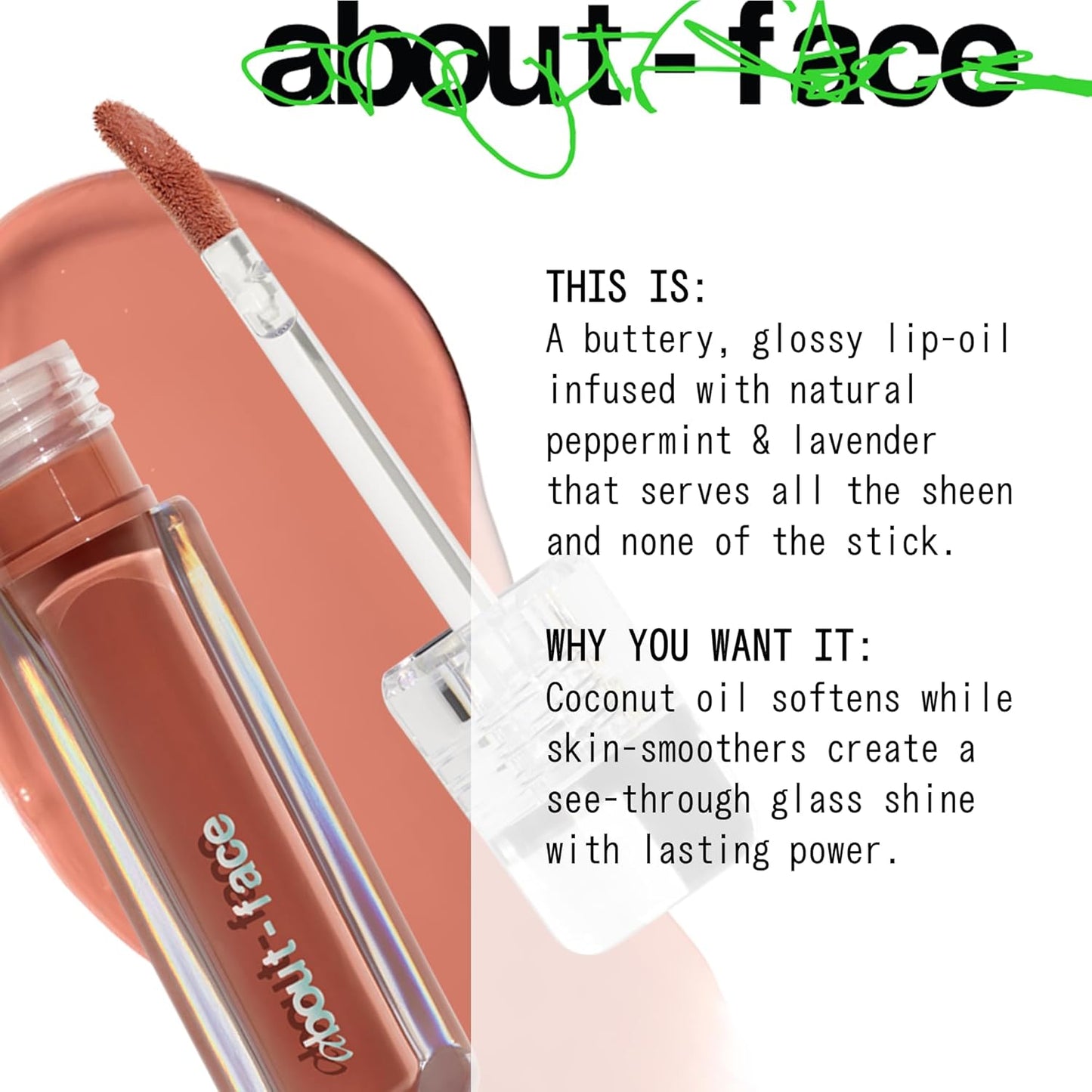about-face Light Lock Lip Gloss Plastic Petal – Non-Sticky, High-Shine Lip Oil Gloss with Coconut Oil, Peppermint & Lavender – Vegan, Cruelty-Free, Clean Beauty – 0.21 oz (Peachy Beige)