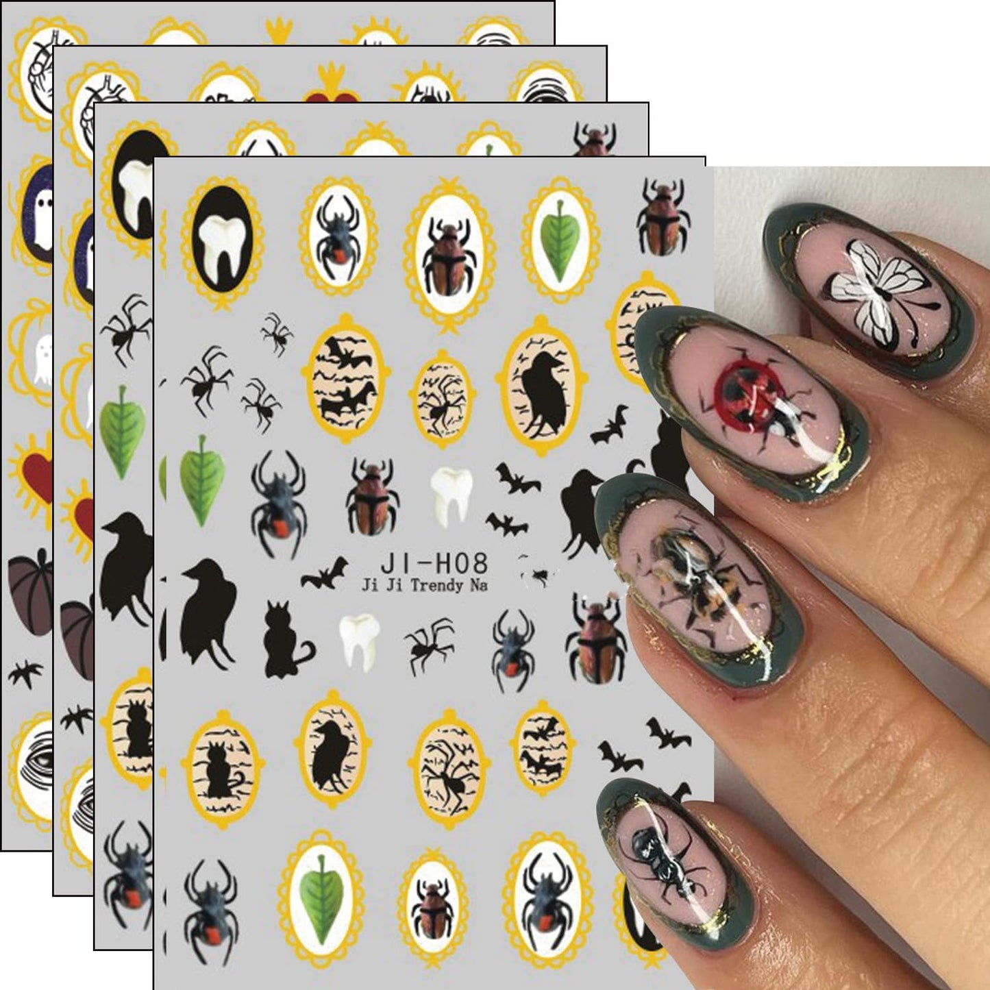 Halloween Nails Stickers Cute Ghost Nails Sticker 3D Embossed Gold Frame Self Adhesive Sticker Nail Decals Black Insects Bat Nail Art Decal Halloween Decals for Nail DIY Manicure 4Sheet