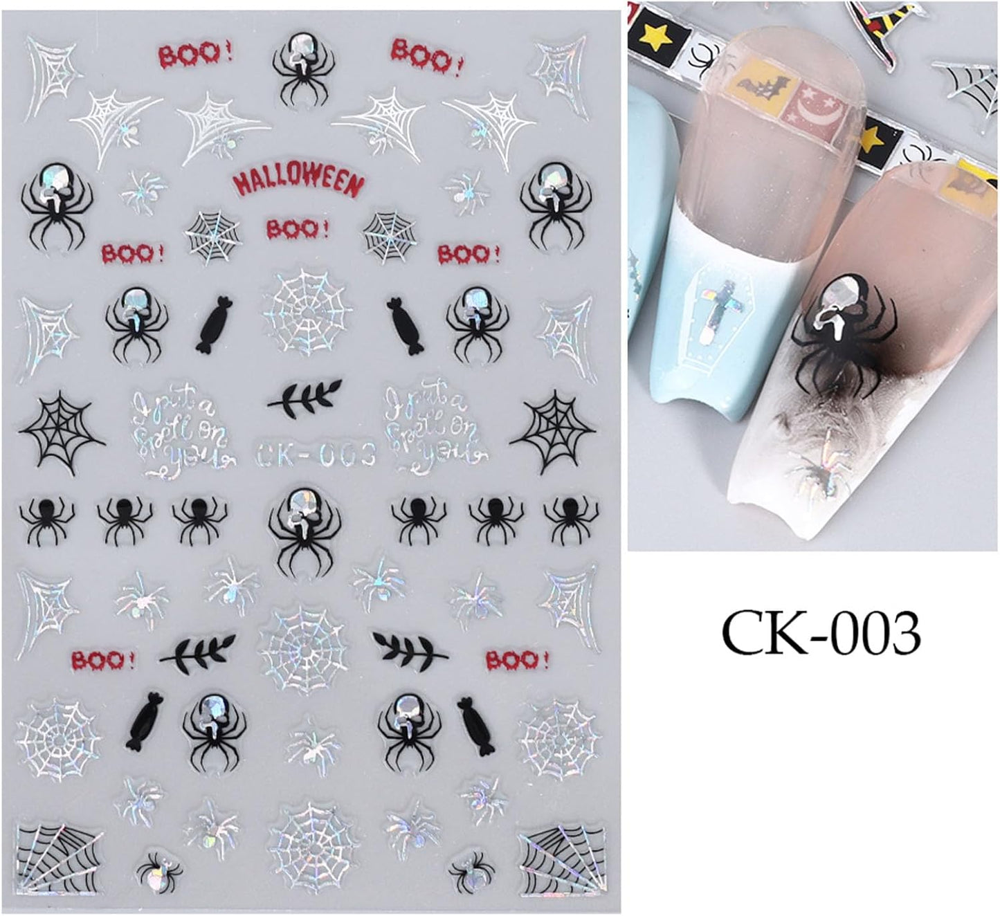 6Pcs Halloween Nail Stickers for Nail Art Cute Ghost Pumpkin Nail Art Stickers Spider Web Skeleton Bat Nails Design Decals Halloween Nail Supplies for Women Girls DIY Manicure