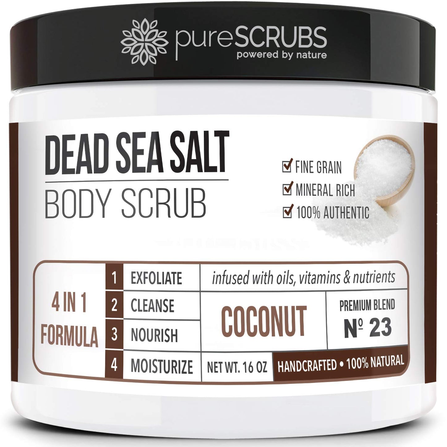 pureSCRUBS Premium Coconut Body Scrub Set - Large 16oz Dead Sea Salt Body Scrub With Infused Essential Oils & Nutrients, Includes Wooden Spoon, Loofah & Oatmeal Exfoliating Bar Soap