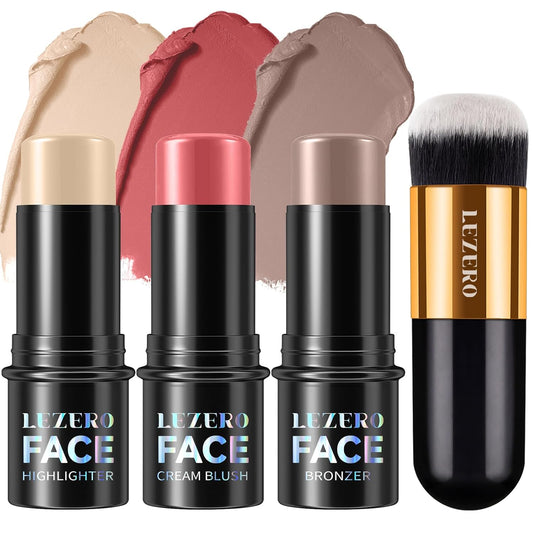 Lezero 3Pcs Contour Stick Makeup Kit, Shades with Matte Finish Highlighter, Blush and Bronzer Stick for Sculpt the Face and All Skin Type, Long Lasting, Smooth, Non-greasy, #1 NEUTRAL