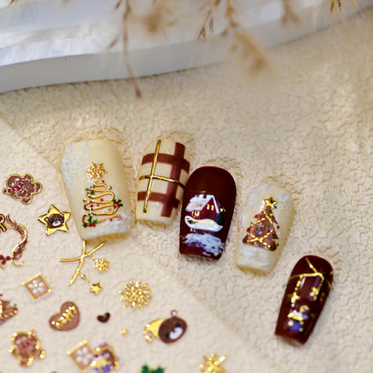 Christmas Nail Stickers for Nail Art Cute Bear Christmas Tree Wreath Glitter Gold Nail Art Stickers 5D Embossed Winter Nail Decals 3D Self-Adhesive Nails Supply Manicure Sliders for Nails Decoration
