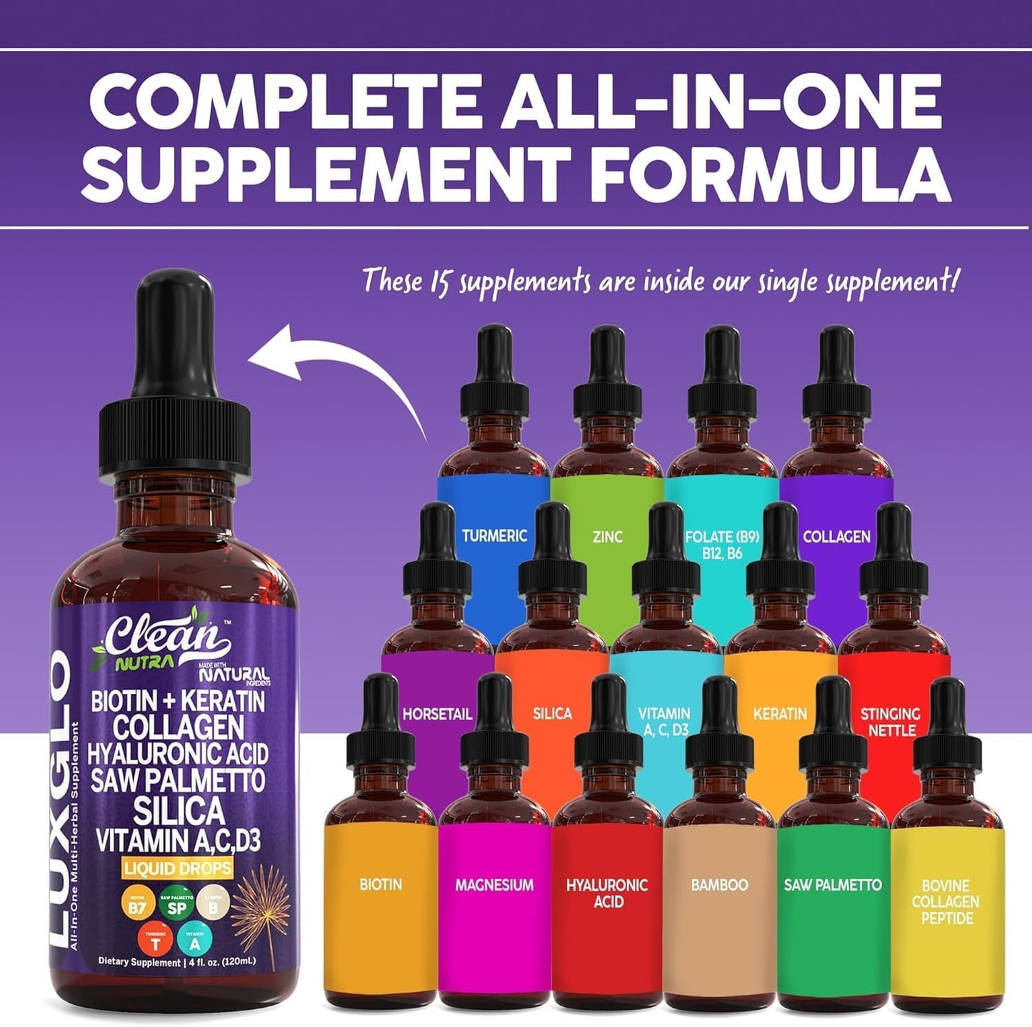 Biotin Liquid Drops Collagen Keratin Hyaluronic Acid Saw Palmetto for Hair Skin and Nails Silica Vitamin A C Vitamin D Bamboo Turmeric Zinc Folate Magnesium Horsetail LuxGlo by Clean Nutra - 2Pack