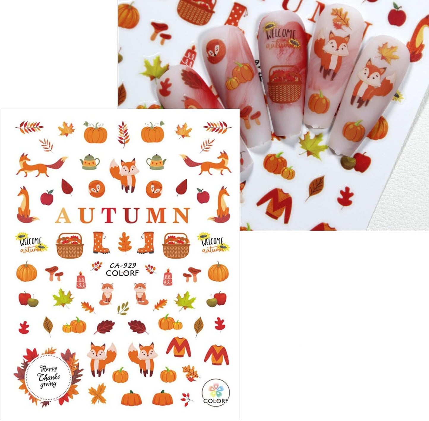 Fall Nail Art Stickers Thanksgiving Day Turkey Pumpkin Nail Decals 3D Self-Adhesive Holiday Maple Leaf for DIY Autumn Party Nail Supplies Decoration 8 Sheets