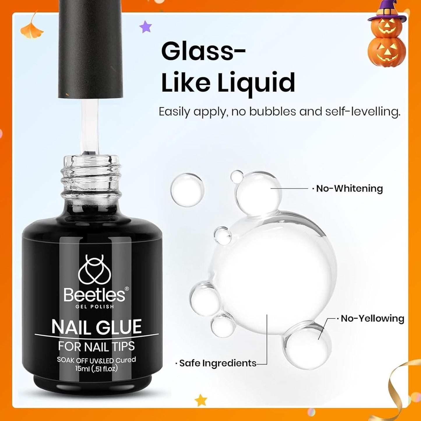 beetles Gel Polish 9 In 1 Gel Nail Glue for Clear Acrylic Nail Tips 2 Pcs 15ml Long Lasting Nail Gel Kit for False Nails Tips, Base Blooming Nail Gel, Fall Halloween Nails, U V Light Required