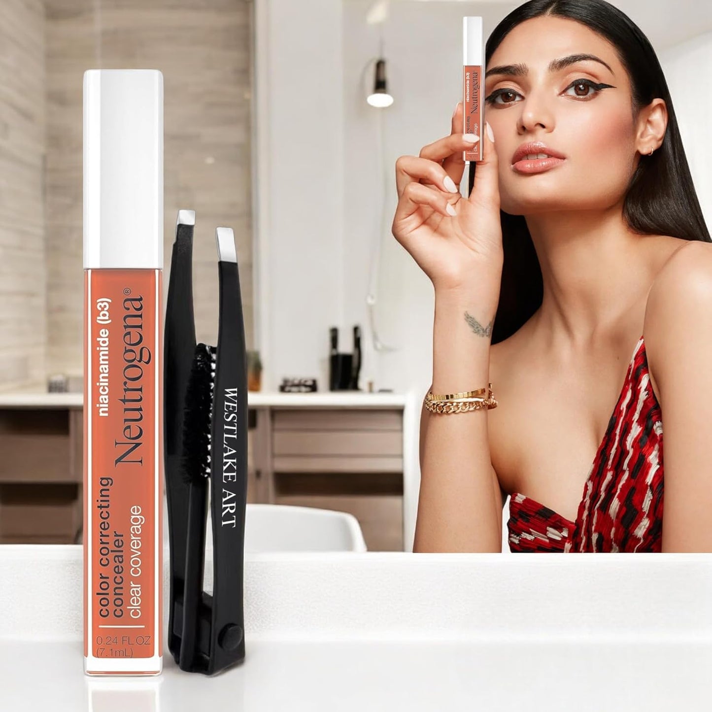 Color Correcting Concealer, Full Coverage Makeup Concealer For Dark, Deep Peach Shade, Lightweight Formula With Niacinamide, Oil & Fragrance-Free, Plus Bundled With Eyebrow Tweezers [1-Pack]