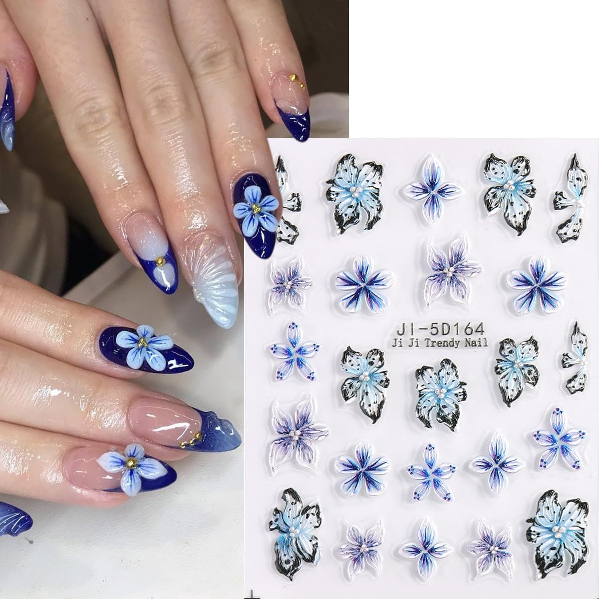 Blue Flowers Stickers for Nails 5D Embossed Flower Nail Stickers Lily Hibiscus Cherry Blossom Rose Floral Nail Decals Self Adhesive Nail Wraps Spring Summer Nails Pegatinas para Uñas 5 Sheet