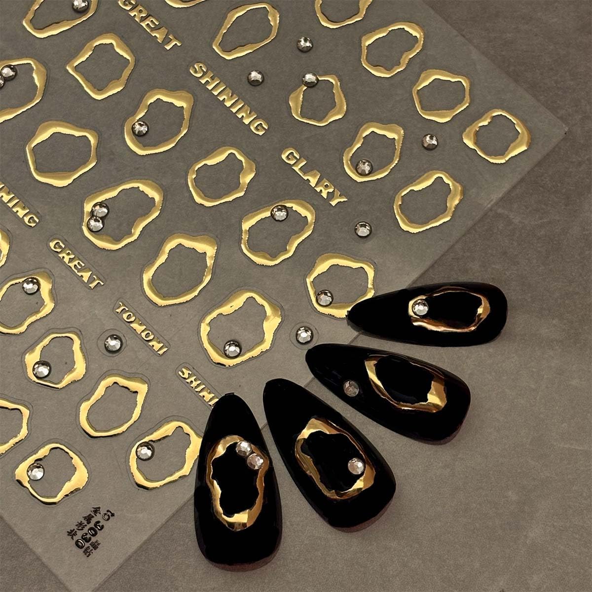 Gold Nail Art Stickers 5D Embossed Self Adhesive Nail Decals Gold Irregularity Nails Sticker with Rhinestone Design Nails Supplies for Women Girls Nail DIY Decoration 1Sheet