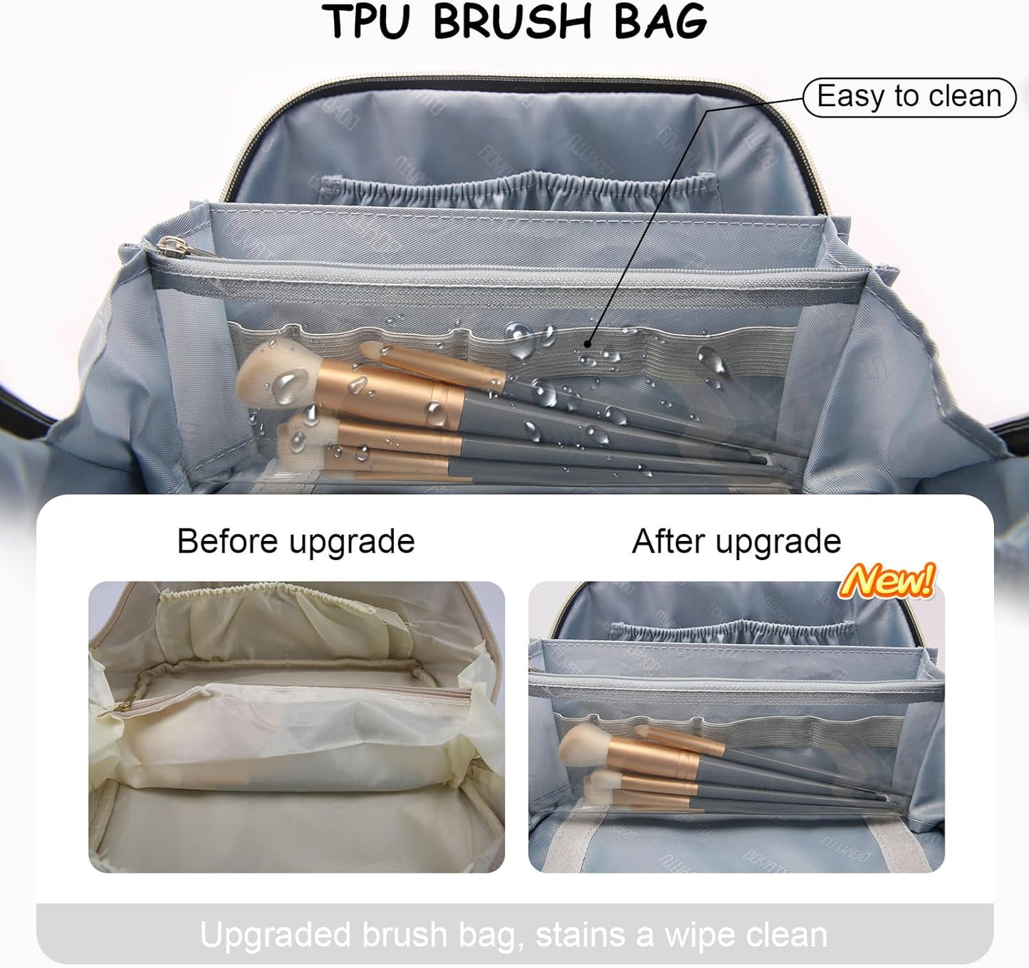 BOYATU Travel Makeup Bags for Women: Large Cosmetic Bag - Vegan Leather Make up Bags Set of 3 - Protable Toiletry Bag Compact Organizer with Compartments (L09 Beige)