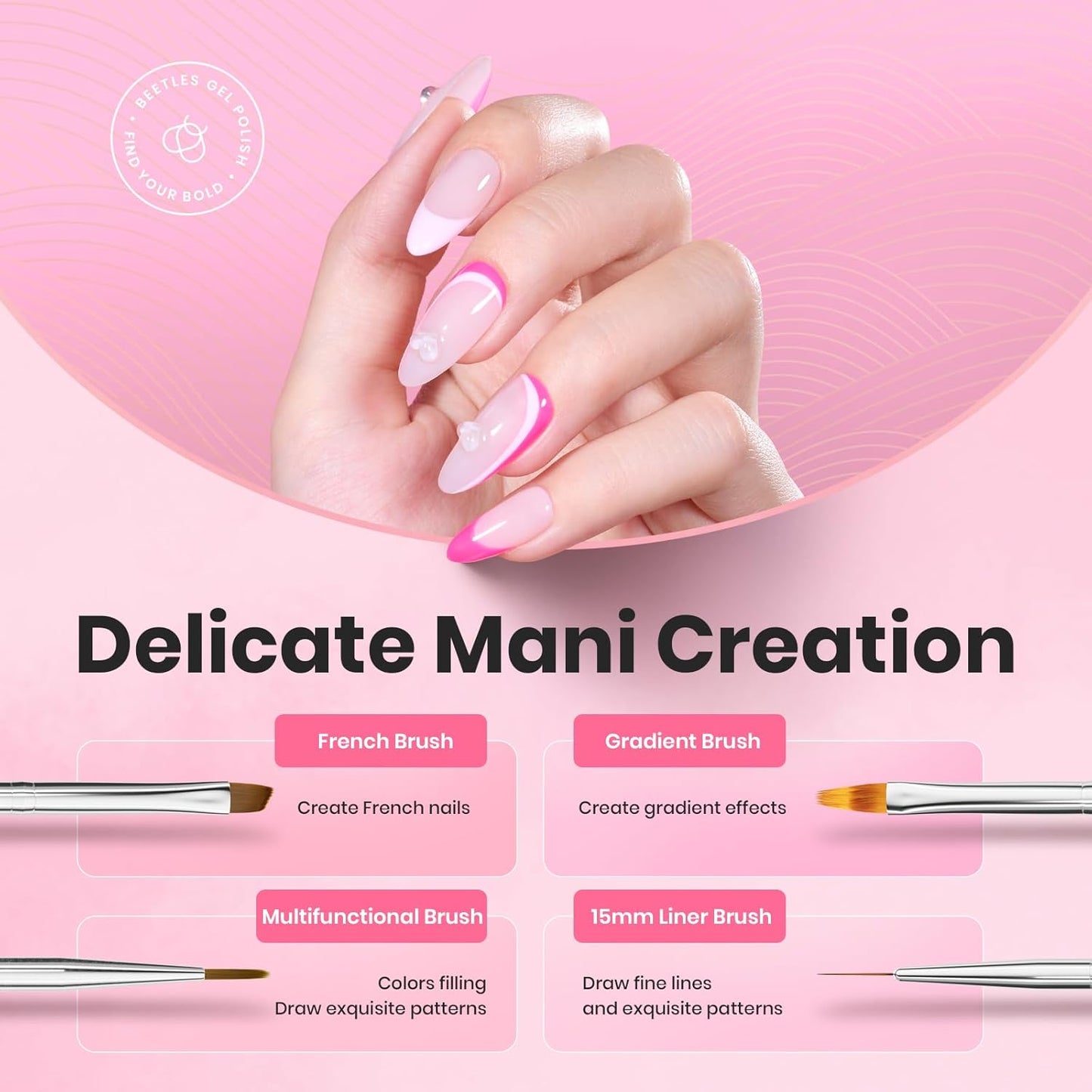 Beetles Nail Art Brushes, 6 Pcs Fingernail Art Design Pens, Pink Handle French Tip Ombre Clean Up Nail Brush Set for Gel Polish with Palette DIY Manicure Tools Gift for Women