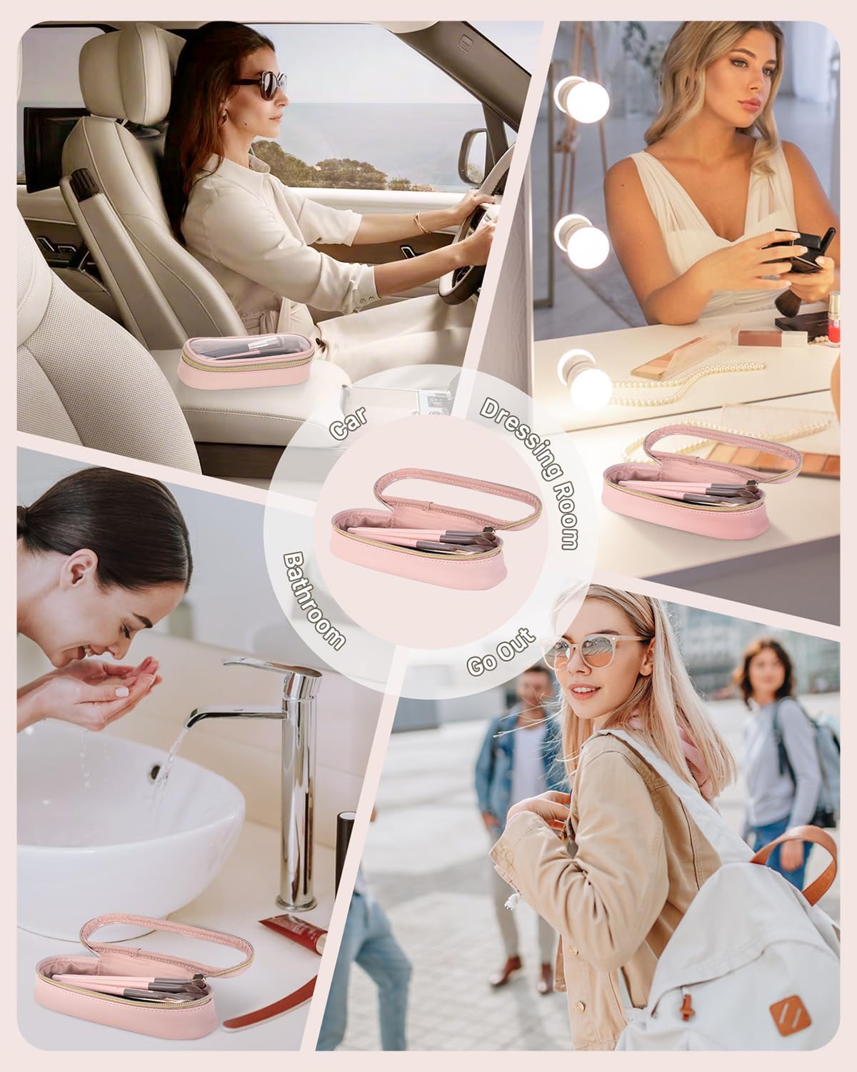 Clear Travel Makeup Brush Holder, Leather Makeup Brush Toiletry Bag, Portable Cosmetic Brush Case, Transparent Waterproof Makeup Brush Storage Bag, Pink