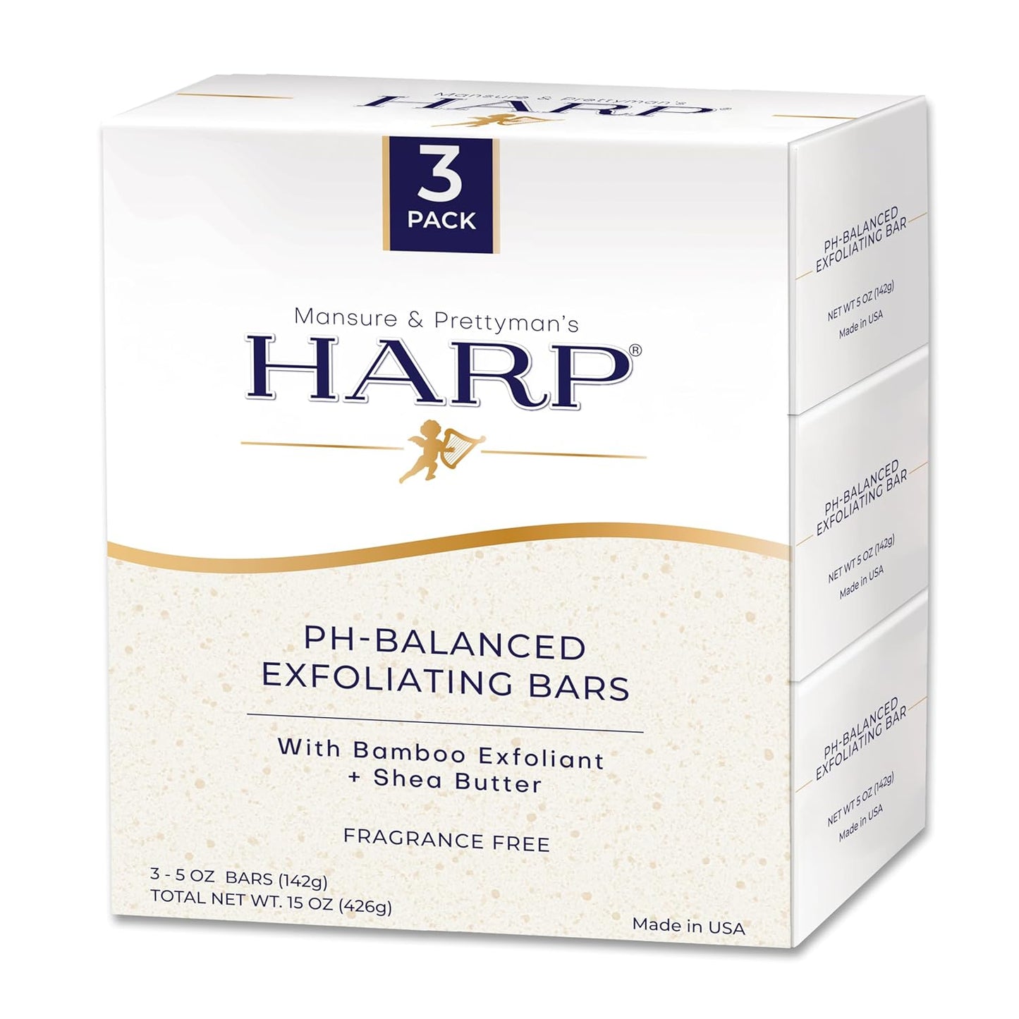 HARP pH-Balanced (5.0-6.0) Exfoliating Body Wash Bar - FRAGRANCE FREE. Bamboo Powder Exfoliation -the perfect consistency. Soap/Lye/Preservative/Dye/Masking agent-Free. Non-comedogenic.