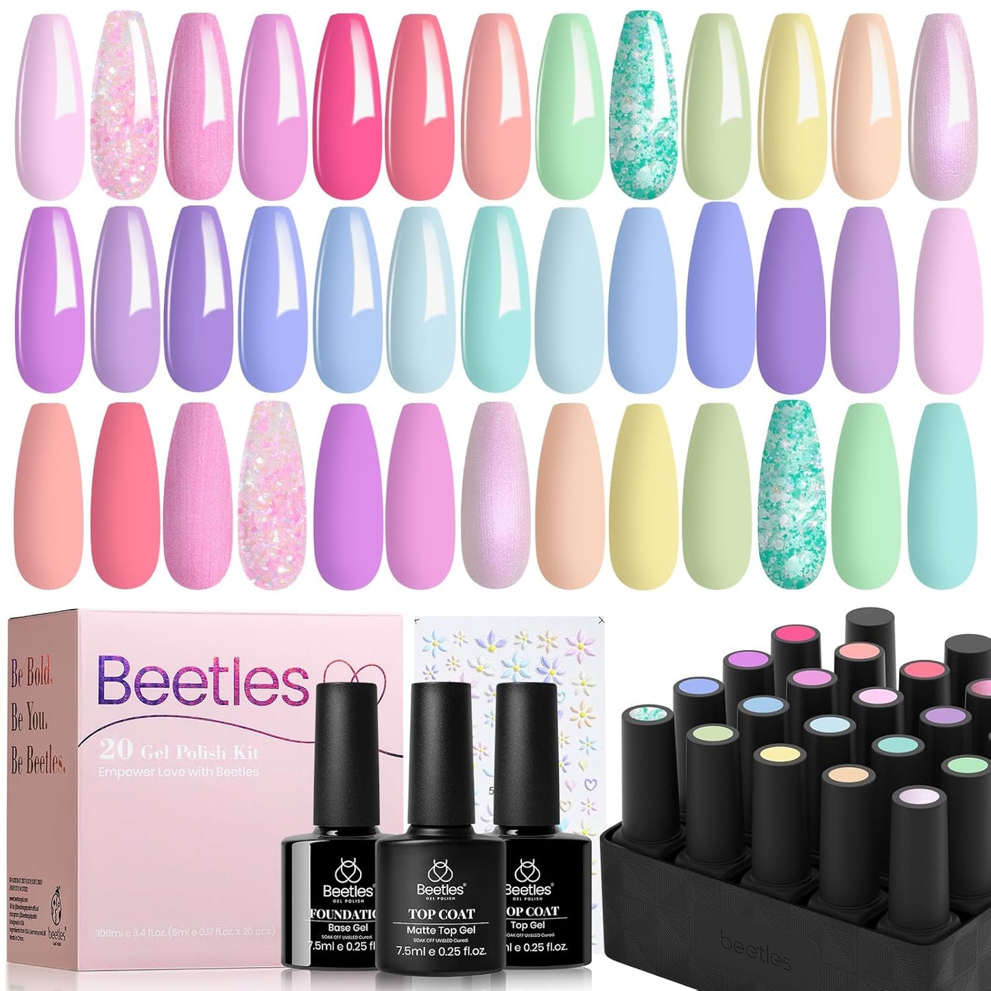 Beetles Pink Gel Nail Polish Set, 20 Color Macaron Colors Bright Pink Green Pastel Nail Polish Kit with Base Gel Glossy & Matte Top Coat Soak off Uv Nail Art Halloween Gifts for Women
