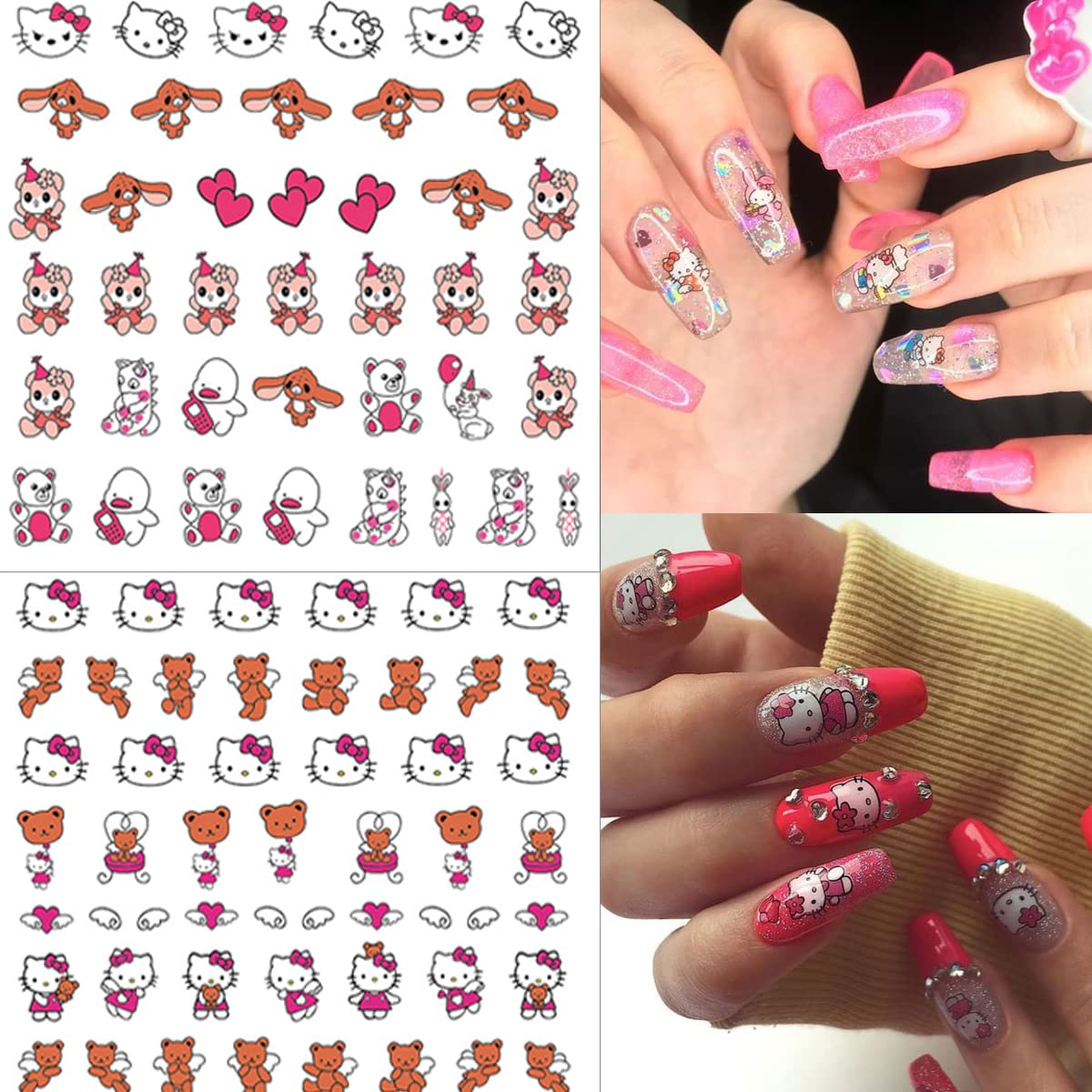 Cute Nail Art Stickers- 8 Sheets Kawaii Cartoon Nail Stickers 3D Self Adhesive Cute Cat Design Acrylic Nail Charms Designer Nail Decals for Women Girls DIY Manicure Decoration Supplies