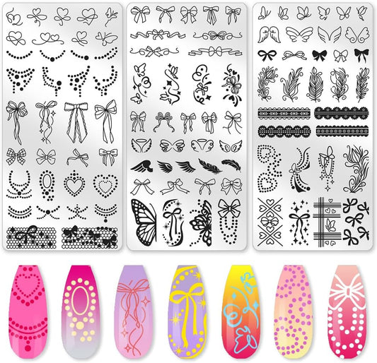 3Pcs Pearl Feathers Lace Nail Stamping Plate Bows Heart Wings Nail Stamping Templates French Tip Nail Art Stamp Image Plate Stainless Steel DIY Reusable Tools for Manicure Printing