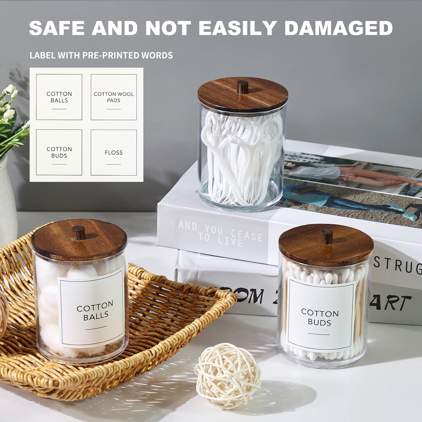 4 Pack Qtip Holder Dispenser with Wood Lids - 10 oz Clear Plastic Apothecary Jar Containers for Vanity Makeup Organizer Storage - Bathroom Accessories Set for Cotton Swab,Pads, Ball, Floss