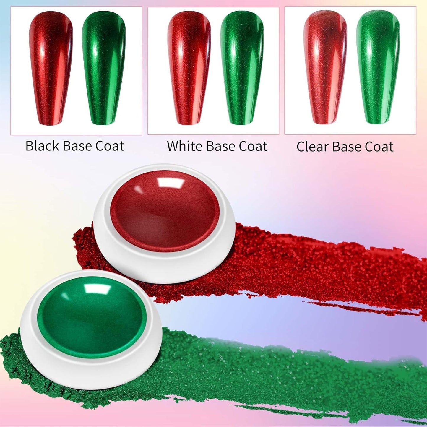 DRMODE 3D Nail Gel and Chrome Nail Powder Kit, Christmas Red Green Metallic Mirror Nail Chrome Powder Glitter, 3 in 1 No Wipe Clear 3D Sculpting Gel for Nail Art Carving Molding Rhinestone Glue 15g