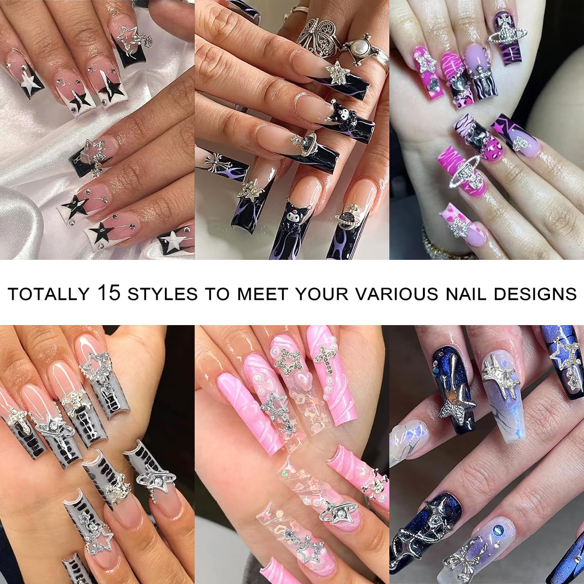 120+ Pcs Star Nail Charms Inlaid Rhinestones Gems, Silver Star Planet Cross Nail Art Decorations Shiny Jewelry for Acrylic Nail Accessories for Women Girl Manicure DlY Crafts Supplies