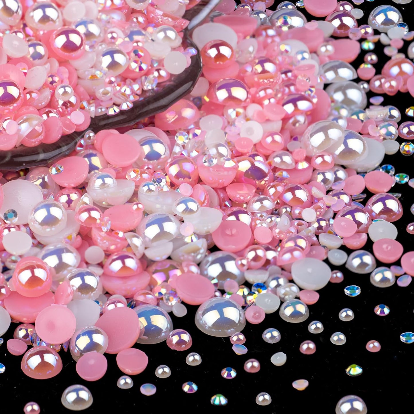 50g Flatback Pearls and Rhinestones Set 1-Pink&White, Mixed Size 3-10mm Resin Rhinestones and Half Pearls for Nail Art and Crafts and Decoration with Tweezer and Pickup Pencil